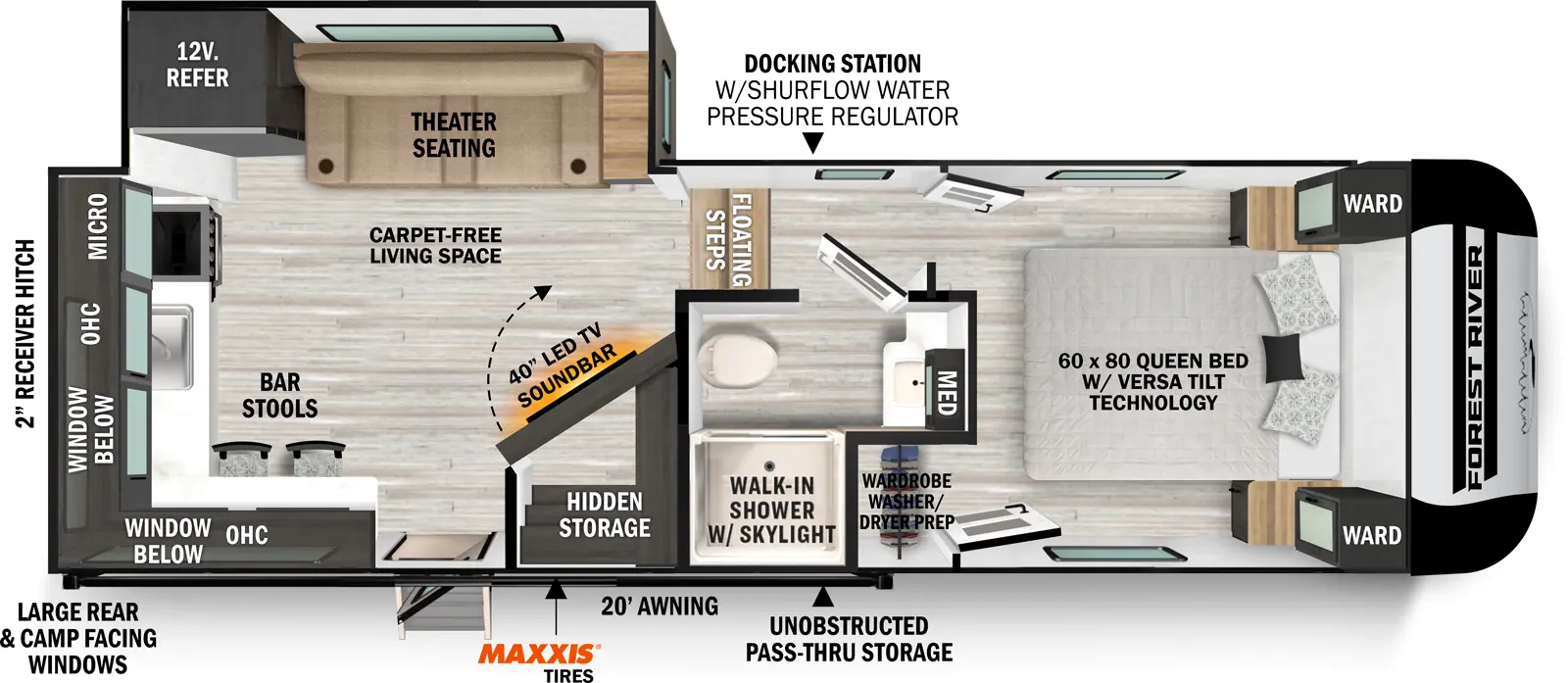 The Impression 235RW has one entry and one slide out. Exterior features include: fiberglass exterior and 20' awning. Interiors features include: rear kitchen and front bedroom.